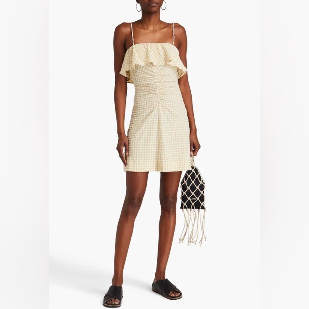 GANNI Ruched gingham seersucker mini dress - Women - Beige Dresses